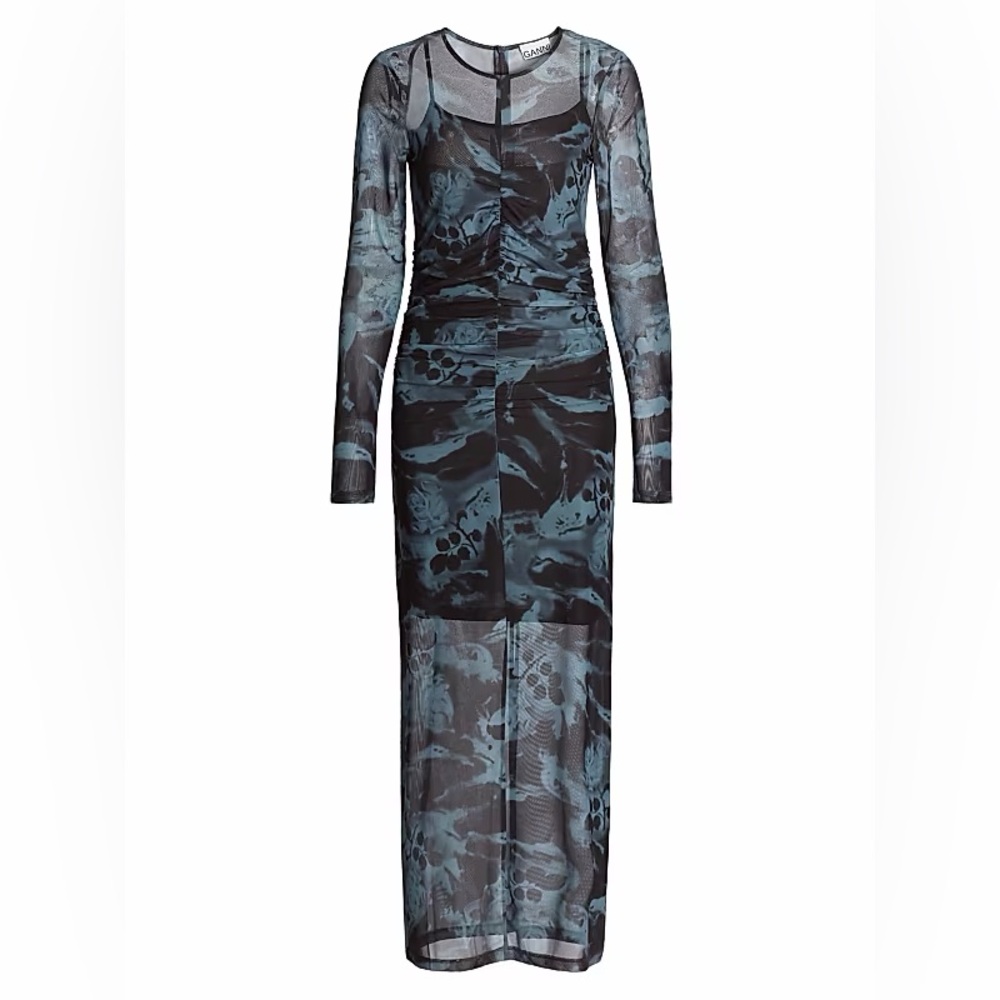 Ganni Printed Mesh O-Neck Ruched Long Dress